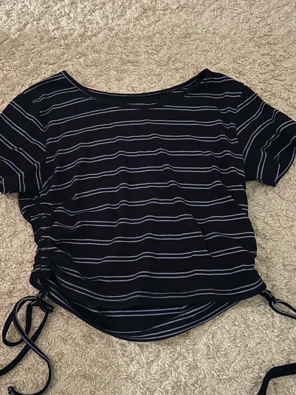 Black Striped Short-Sleeve Side-Tie Crop Top